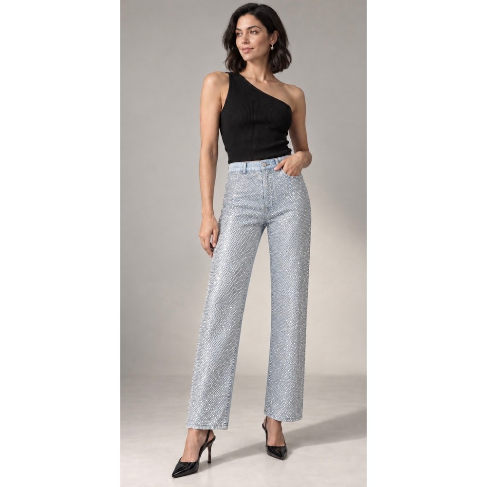 FRAME Le Jane High Rise Straight Rhinestone Jeans Glitz Size 26 Hemmed